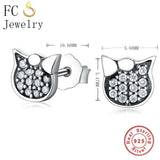 925 Sterling Silver Cat Stud Earrings with Cubic Zircon Crystal Stone