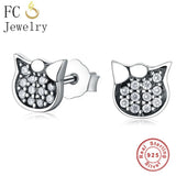 925 Sterling Silver Cat Stud Earrings with Cubic Zircon Crystal Stone