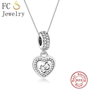 925 Silver Mom Heart Pendant Necklace Clear Zirconia Crystal Love