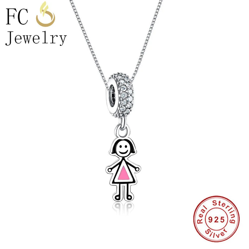 925 Silver Little Girl Pink Enamel Pendant Necklace