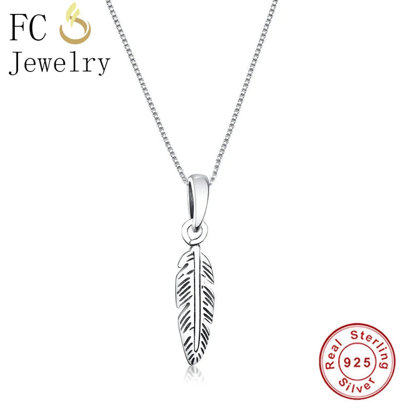 925 Silver Feather Necklace Pendant for Women Girl Chokers Christmas