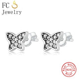 925 Silver Butterfly Stud Earrings Zirconia Women Hypoallergenic Brincos