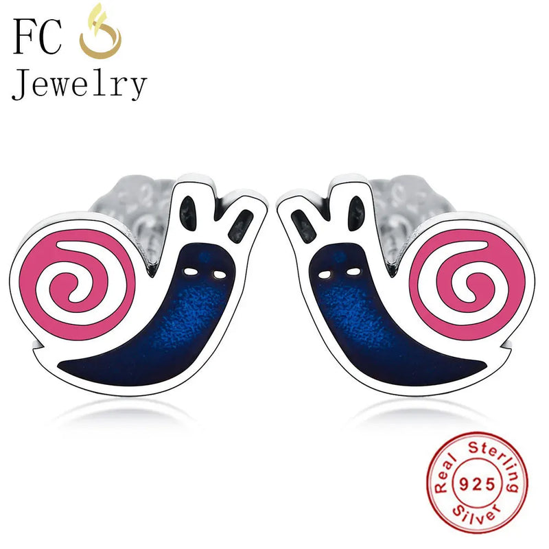 925 Silver Enamel Snail Stud Earrings Women Girl Party Brincos
