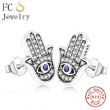925 Silver Fatima Hand Evil Eye Stud Earrings