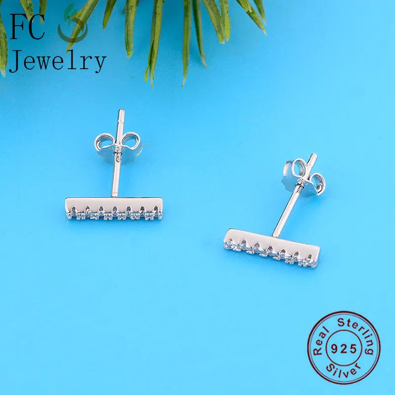 925 Silver Square Arc Bar Stud Earrings Zirconia Stripe Brincos