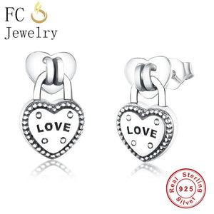 925 Silver Padlock Love Lock Stud Earrings Girl's Brincos Valantine