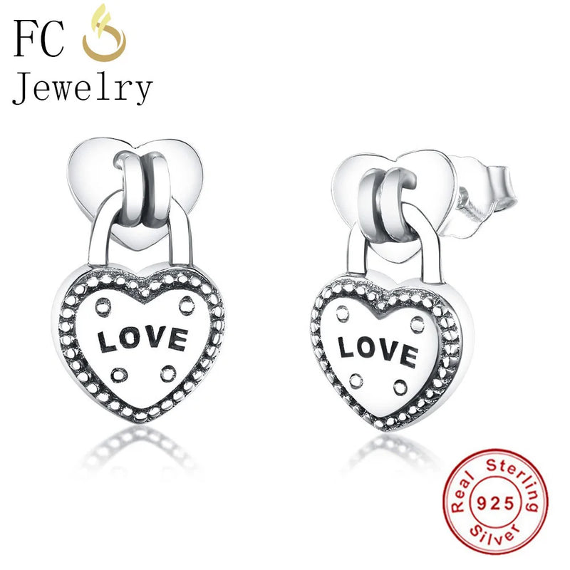 925 Silver Padlock Love Lock Stud Earrings Girl's Brincos Valantine