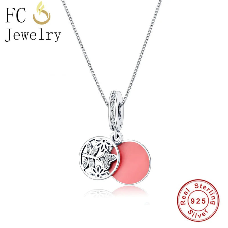 925 Silver Pink Enamel Butterfly Necklace Dragonfly Pendant Zircon Trinket