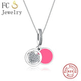 925 Silver Heart CZ Pendant Necklace Pink Enamel