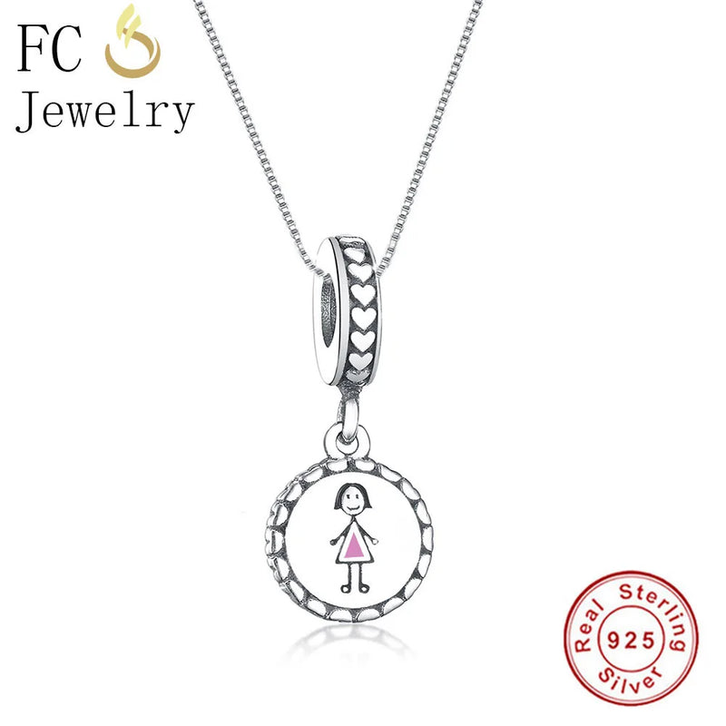 925 Silver Pink Enamel Girl Pendant Necklace for Women