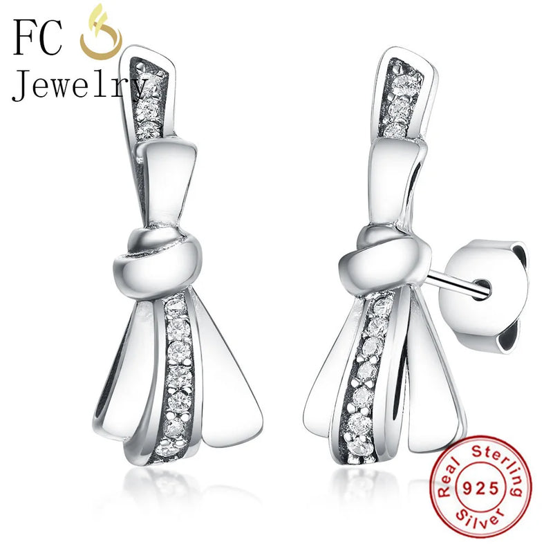 925 Silver Love Bow Tie CZ Crystal Stud Earrings