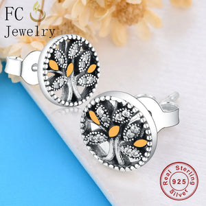 925 Silver Tree of Life CZ Yellow Enamel Stud Earrings