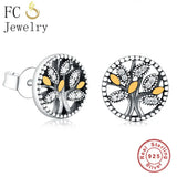 925 Silver Tree of Life CZ Yellow Enamel Stud Earrings