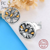 925 Silver Tree of Life CZ Yellow Enamel Stud Earrings