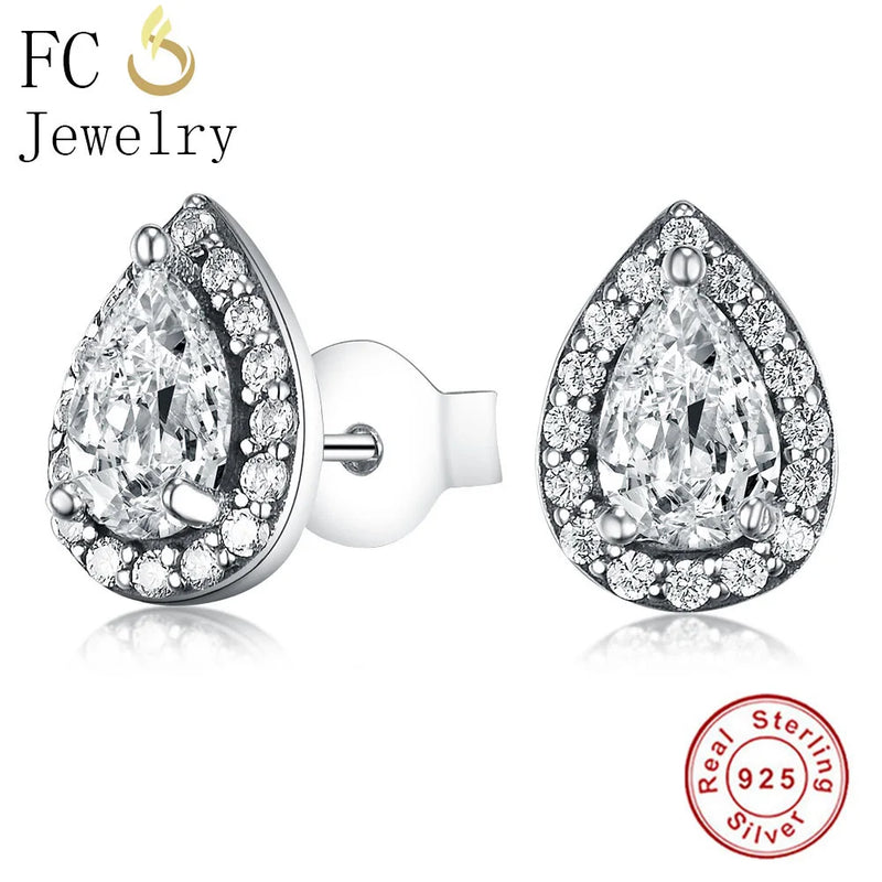 925 Silver Tear Drop CZ Stud Earrings For Women Brincos