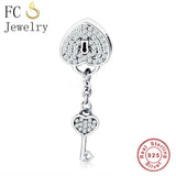 925 Sterling Silver Charm Bead Love Heart Lock & Key Pendant