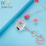 925 Sterling Silver Charm Bead Love Heart Lock & Key Pendant