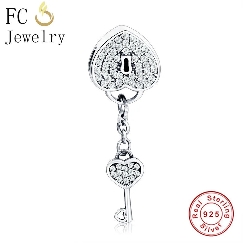 925 Sterling Silver Charm Bead Love Heart Lock & Key Pendant