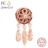 925 Silver Rose Dream Catcher Feather Charm for Bracelet