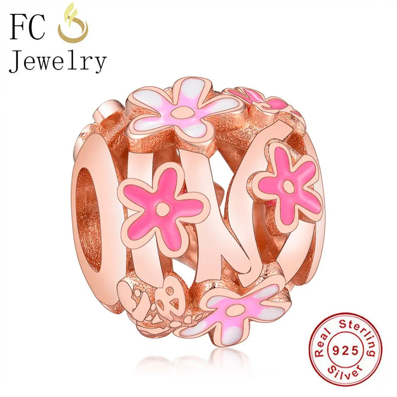 925 Silver Rose Pink Daisy Honeybee Bead for Charm Bracelet