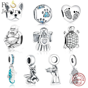 925 Silver Animal Charm Bracelet Mickey Minnie Sea Horse Dog Paw Bead Women