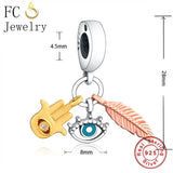 925 Silver Evil Eye Hand of Fatima Leaf Bead Charm for Bracelet
