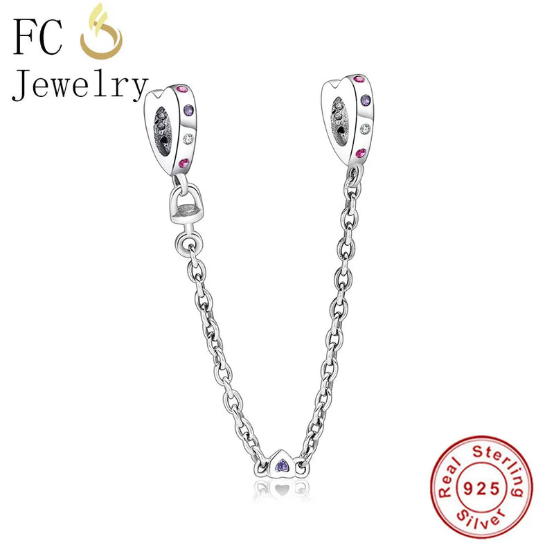 925 Silver Heart Crystal Charm Bead Safety Chain for DIY Bracelet