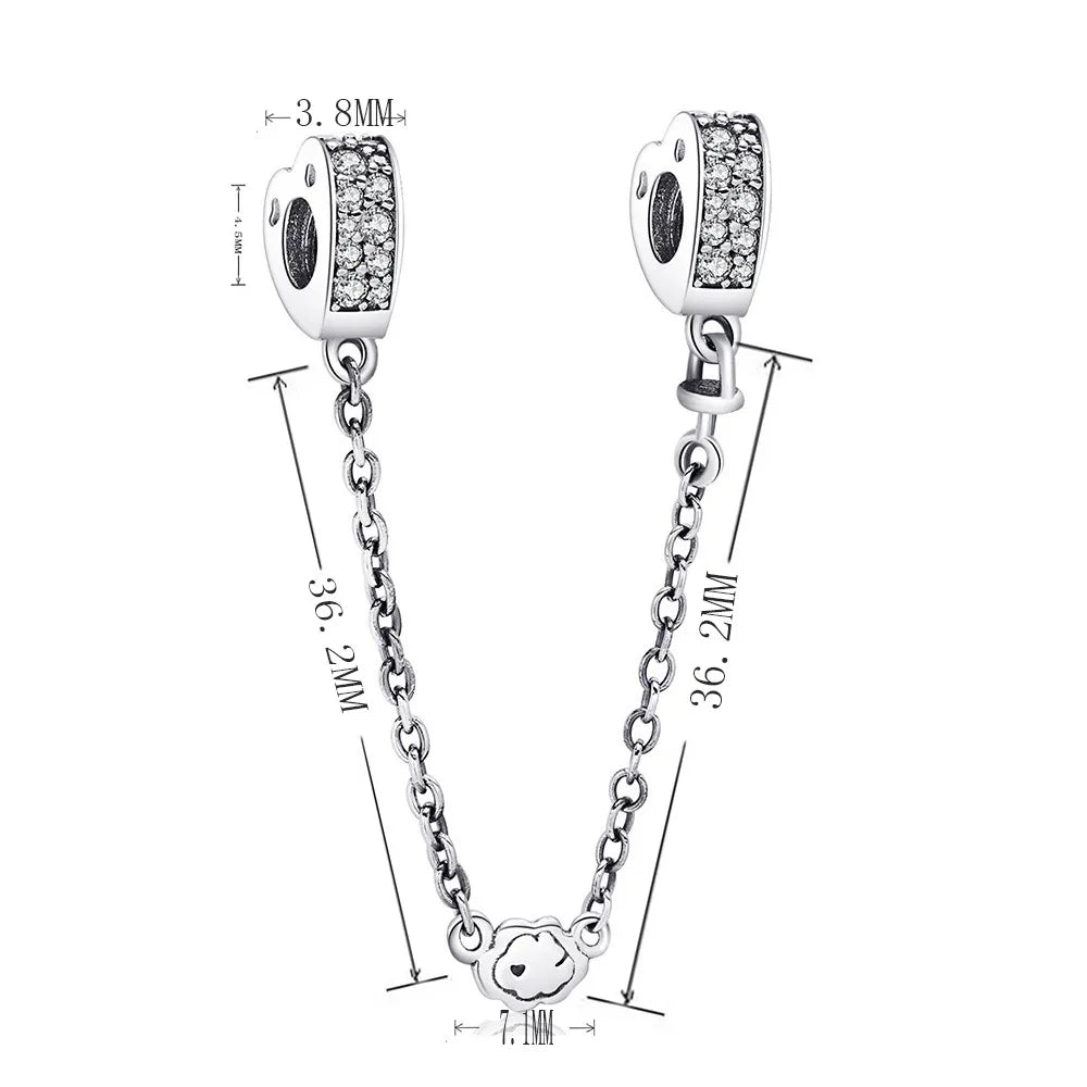 925 Silver Heart Crystal Charm Bead Safety Chain for DIY Bracelet