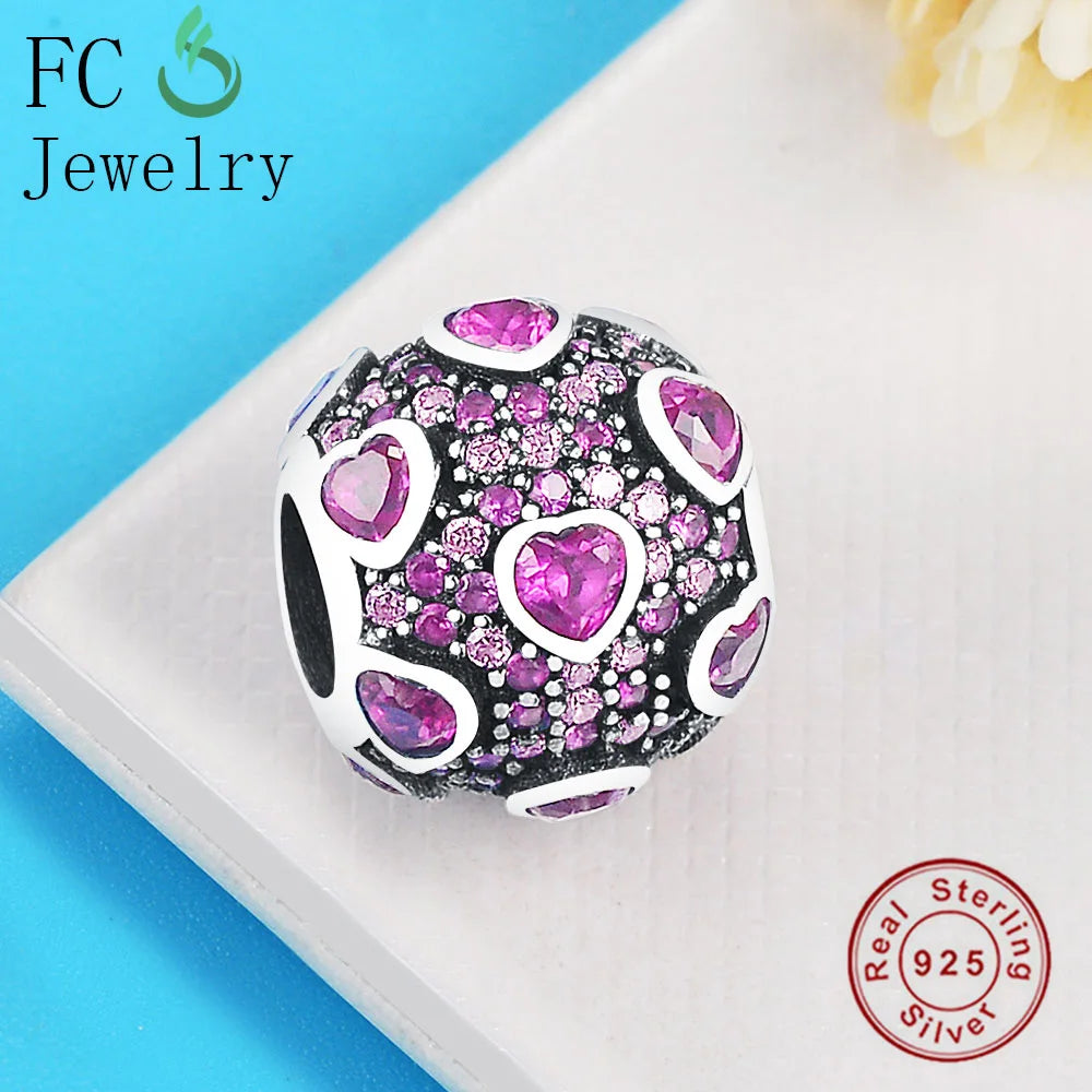 925 Silver Purple Zirconia Heart Stone Charm for Bracelet DIY