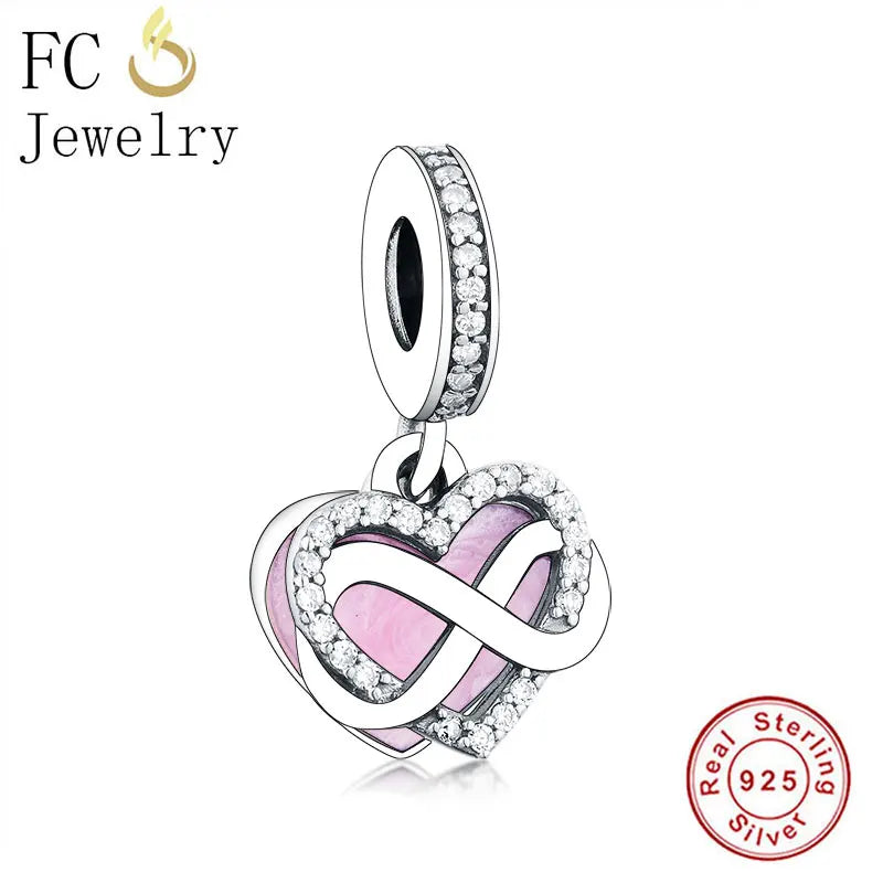 925 Silver Pink Enamel Heart Infinity Love Charm Bead Pendant