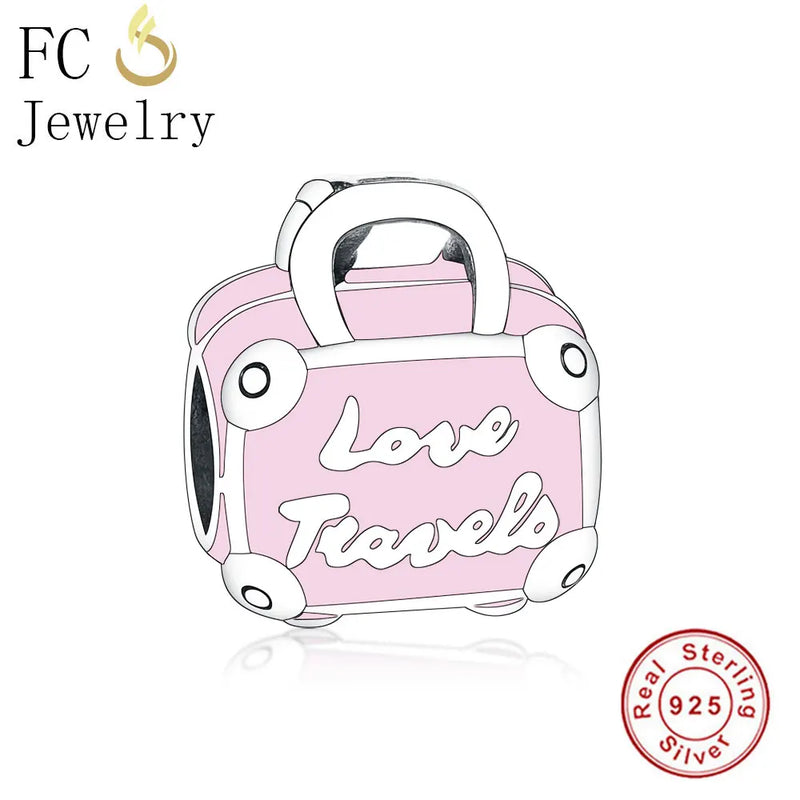 925 Silver Pink Enamel Luggage Bead for Charm Bracelet