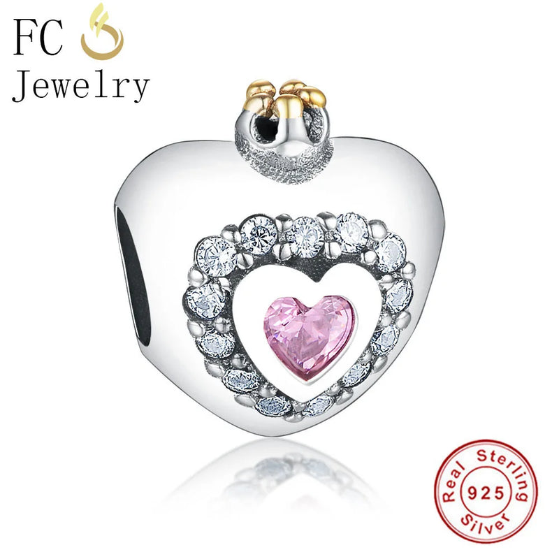 925 Silver Princess Crown Pink Zircon Charm Beads