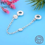 925 Silver Daisy Flower Beads Safety Chain & Clip Lock Charm Bracelet