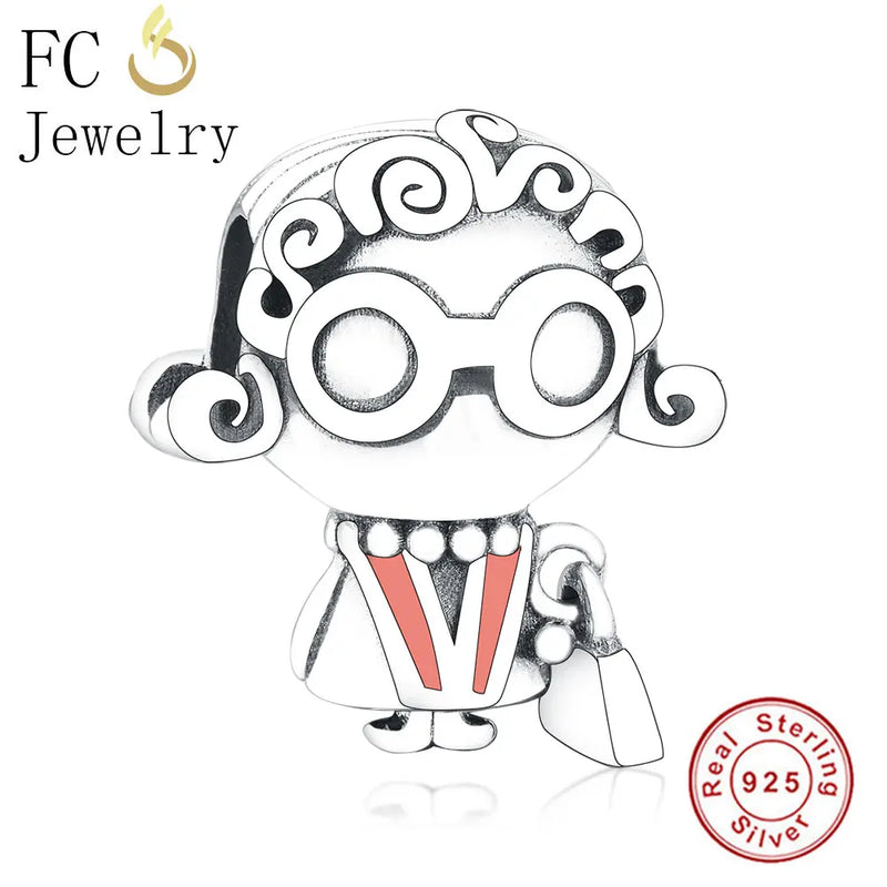 925 Sterling Silver Pink Enamel Curly-haired Grandma Handbag Charm Bead
