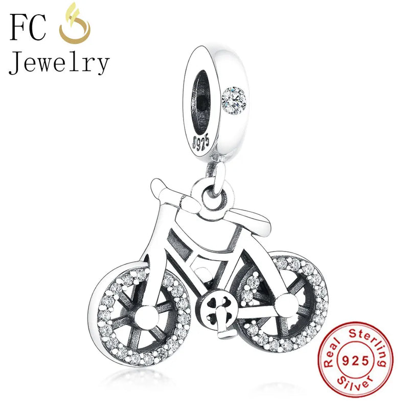 925 Silver Travel Bicycle Bike Zirconia Charm Bead