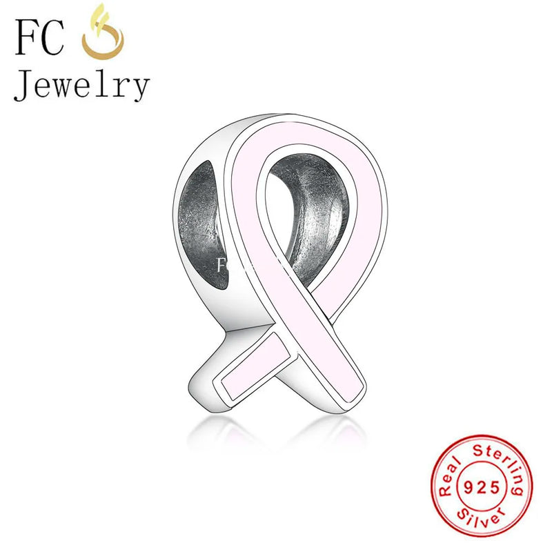 925 Silver Pink Ribbon Hope Cancer Awareness Bead for Bracelet