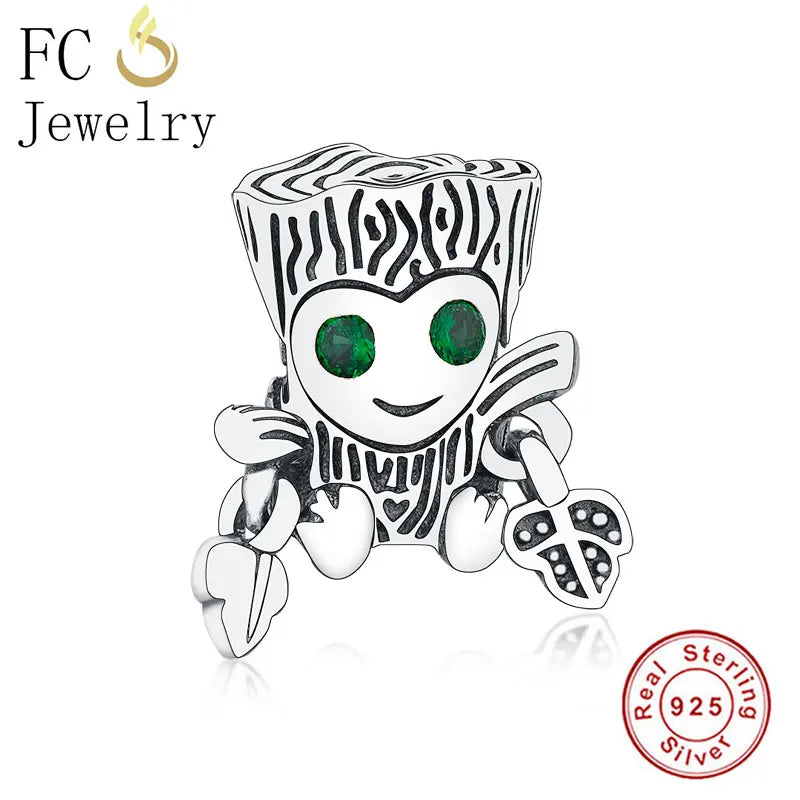 925 Silver Tree Monster Leaf Green Zircon Eye Charm Bead