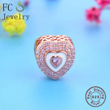 925 Silver Rose Heart Pink Zircon Crystal Bead Bracelet Charm