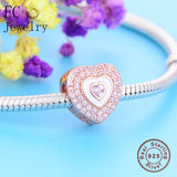 925 Silver Rose Heart Pink Zircon Crystal Bead Bracelet Charm