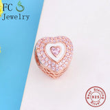 925 Silver Rose Heart Pink Zircon Crystal Bead Bracelet Charm