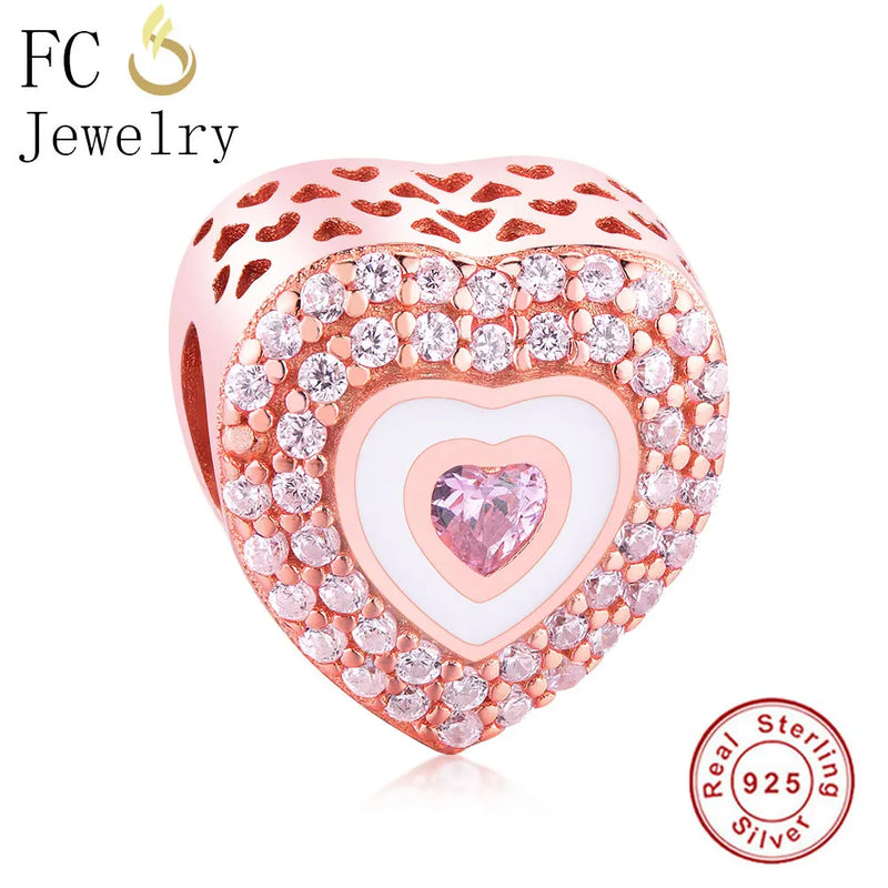 925 Silver Rose Heart Pink Zircon Crystal Bead Bracelet Charm