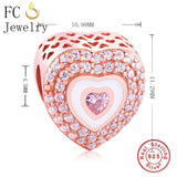 925 Silver Rose Heart Pink Zircon Crystal Bead Bracelet Charm