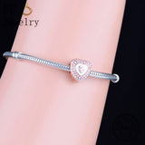 925 Silver Rose Heart Pink Zircon Crystal Bead Bracelet Charm