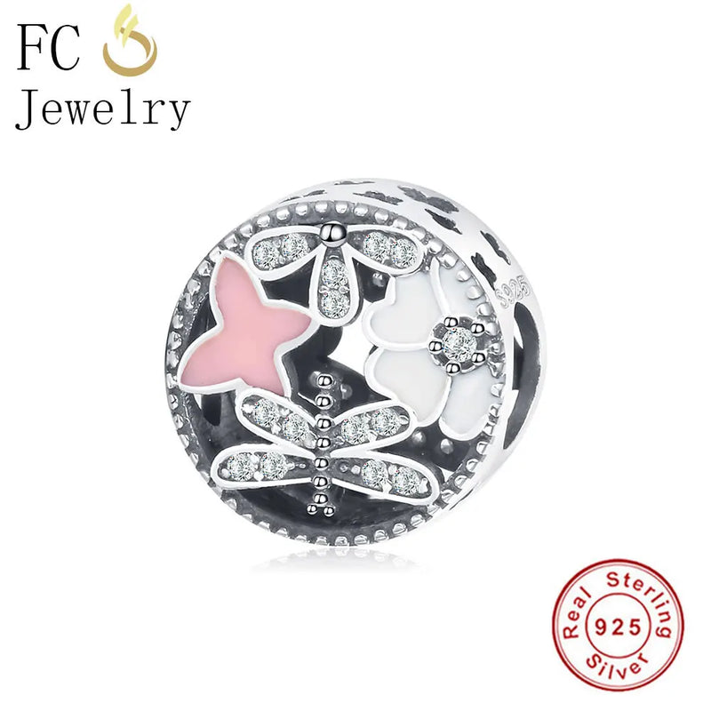 925 Silver Enamel Flower Animal Dragonfly Charms Bracelet