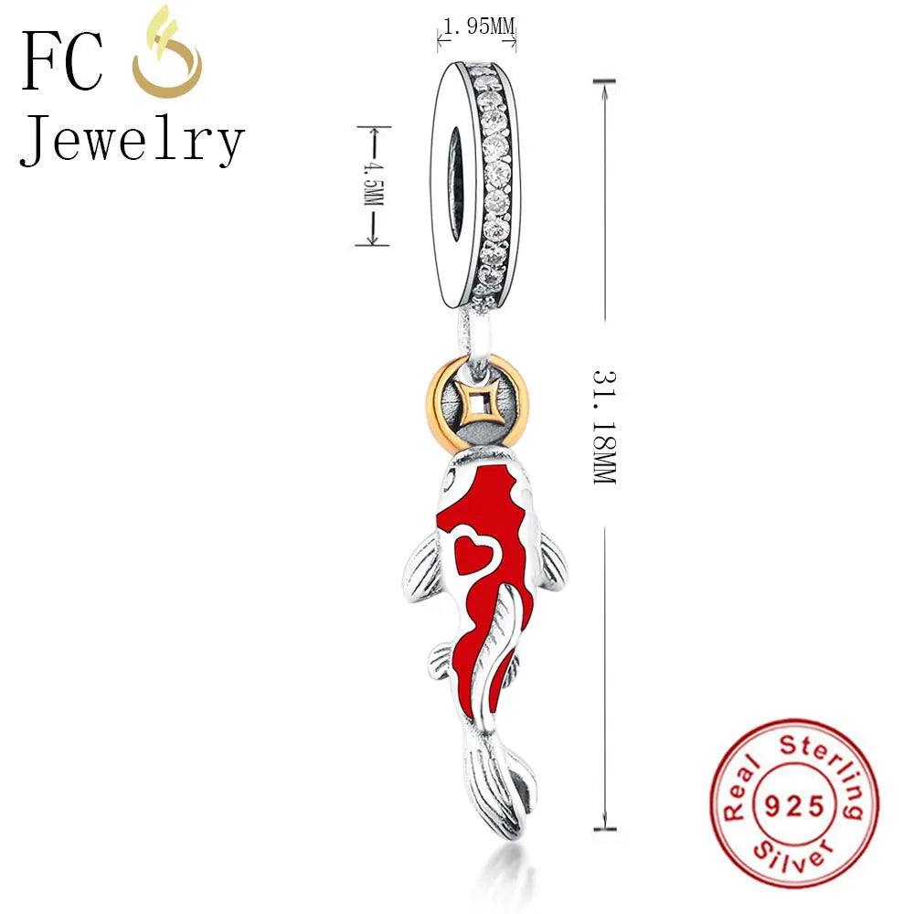 925 Silver Red Carp Fish Coin Beads Pendant Berloque