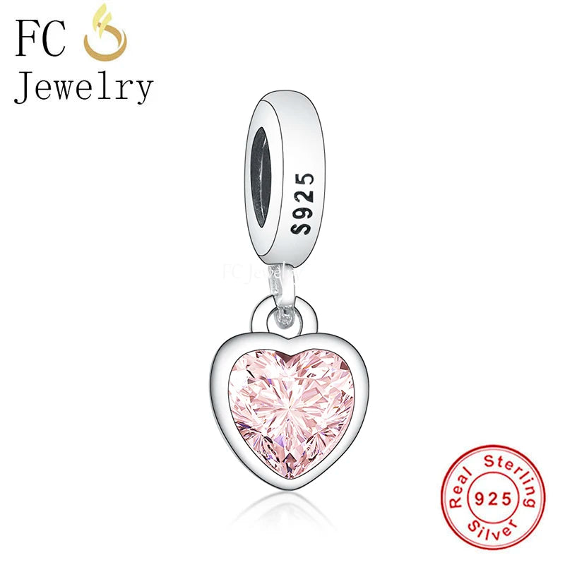 925 Silver Clear Pink Zirconia Heart Bead Bracelet Charms