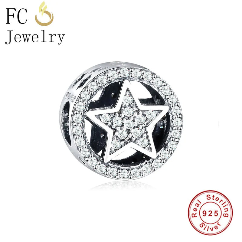 Sterling Silver European Star Zirconia Bead Charms Bracelet