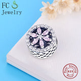 925 Sterling Silver Flower Pink Zirconia Crystal Stone Charms Bracelet
