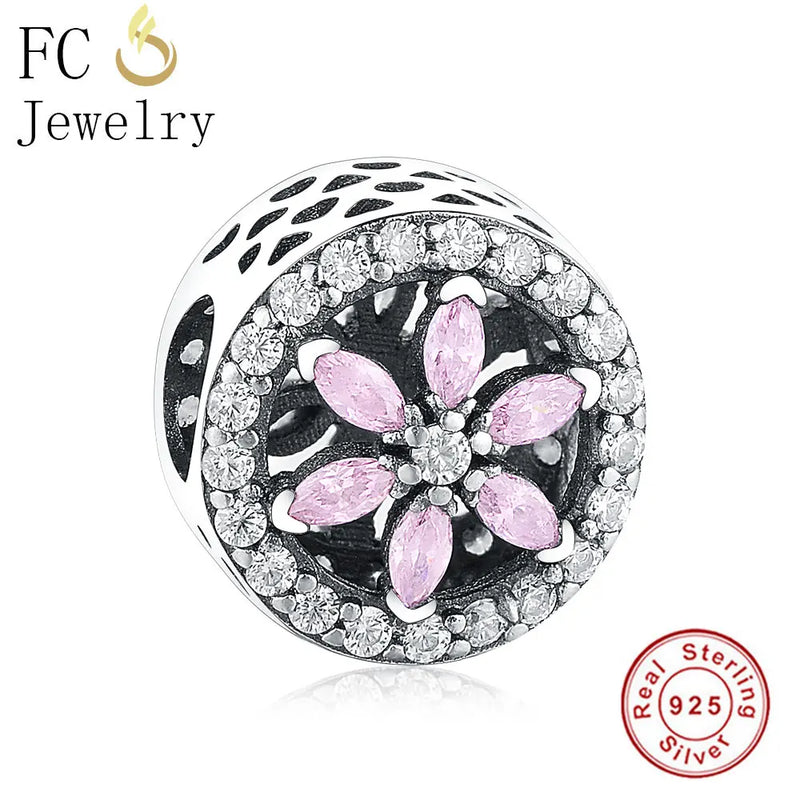 925 Sterling Silver Flower Pink Zirconia Crystal Stone Charms Bracelet