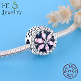 925 Sterling Silver Flower Pink Zirconia Crystal Stone Charms Bracelet
